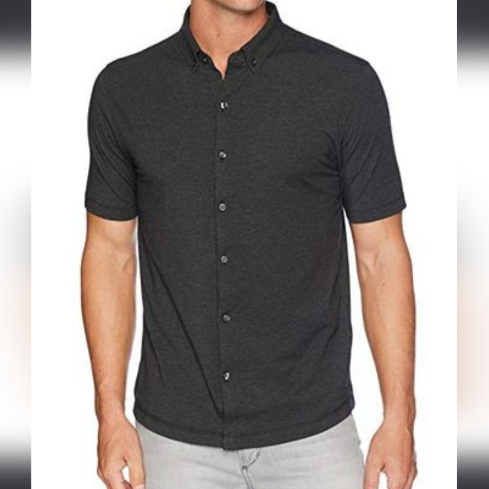 LINKSOUL Stretch Jersey Button Down Shirt Heather Black Short Sleeve Mens XXL